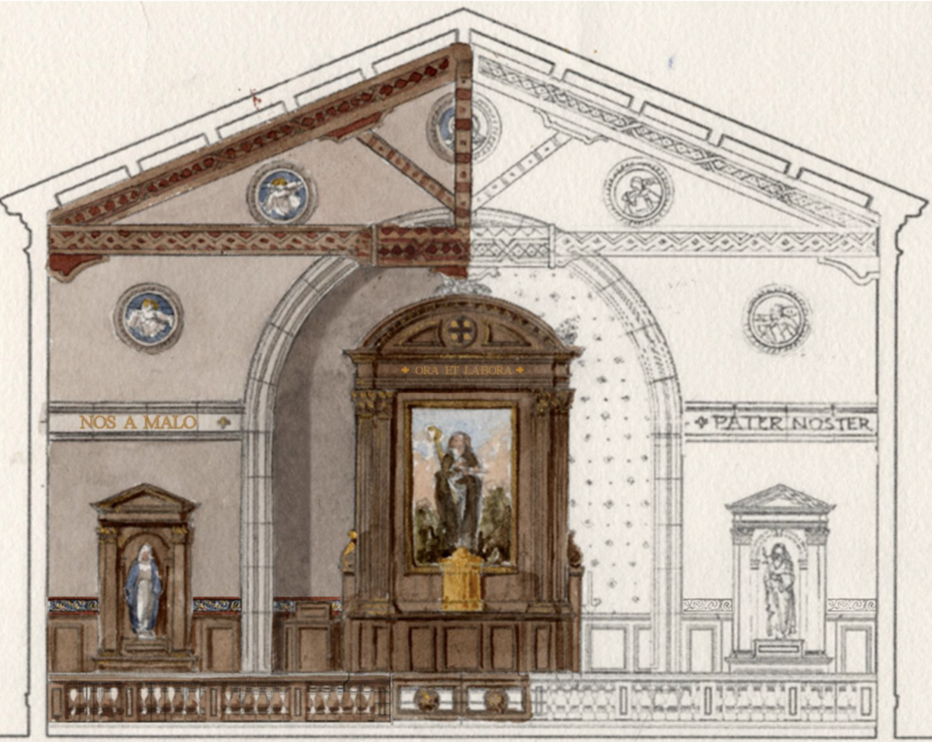 Watercolor rendering of the sanctuary and altar of the chapel